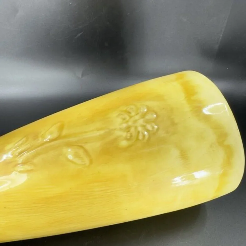 Antique Tall Yellow Pottery Vase‎ Embossed Flower USA Hand Made Vase Vessel VTG